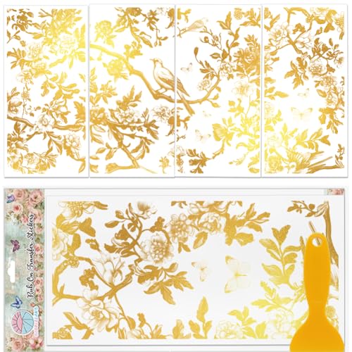 GLOBLELAND 4 Blatt Möbeltransfer Mit Goldenen Blumen Und Vögeln 11.8x5.9Zoll Vintage Schmetterlinge Zum Aufreiben Blätter Selbstklebende Wandkunst Aufkleber Für Schlafzimmer Wohnzimmer Schreibtisch von GLOBLELAND