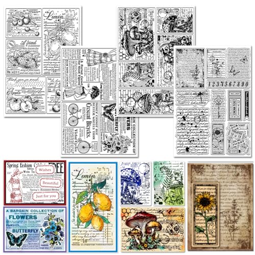 GLOBLELAND 4 Blatt Retro Hintergrundtext Klarstempel Für Scrapbooking Pilz Obst Silikonstempel Vintage Lady Transparent Stempelset Für Kartengestaltung DIY Prägung Journaling von GLOBLELAND