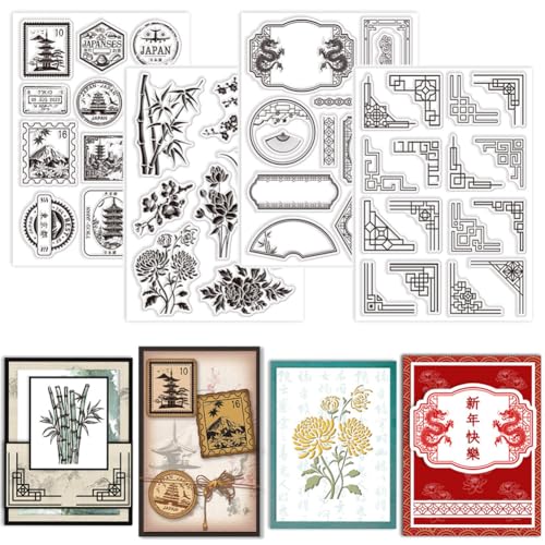 GLOBLELAND 4 Blatt japanischer Etiketten-Poststempel klare Stempel zur Kartengestaltung Pflanzen Blumen Silikon-Stempelsiegel Eckrahmen transparente Stempel für DIY-Scrapbooking-Tagebücher von GLOBLELAND