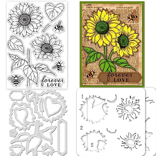 GLOBLELAND 4 Stück Geschichtete Sonnenblumen-Silikon-Klarstempel Metall Biene Und Text Stanzformen Malen Bastelschablonen Vorlage Für Kartenherstellung Und DIY-Prägung Scrapbooking Basteldekoration von GLOBLELAND