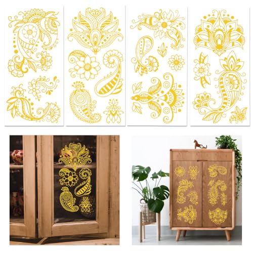 GLOBLELAND 4 Stück Gold MandalaMuster Künstlerischer Blumen Transfer 11.8x5.9Zoll Paisley Muster Zum Aufreiben Selbstklebende Wandkunst Aufkleber Für Bauernhof Schlafzimmer Wohnzimmer Schreibtisch von GLOBLELAND