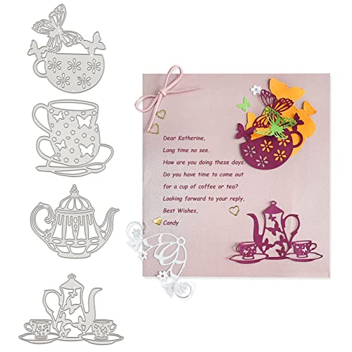 GLOBLELAND 4Pcs Metall Teekanne Teetasse Schneidwerkzeuge Teetasse Mit Schmetterling Schablone Vorlage Für Scrapbook Prägung Album Papier Karte Craft Festival Dekor, Platin Matt von GLOBLELAND