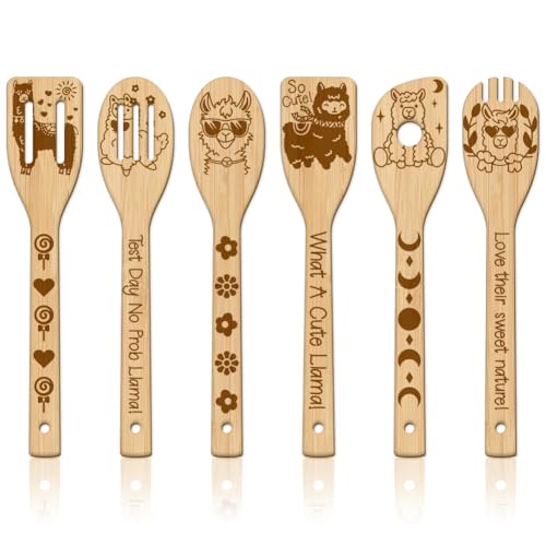 GLOBLELAND 6 Stück Süßes Alpaka Bambus Kochutensilien Tier Holzgravur Kochlöffel Set Gravur Schnitzerei Küche Bambus Spatel Set Für Küche Housewarming Geschenk Mutter Freundin Frauen von GLOBLELAND