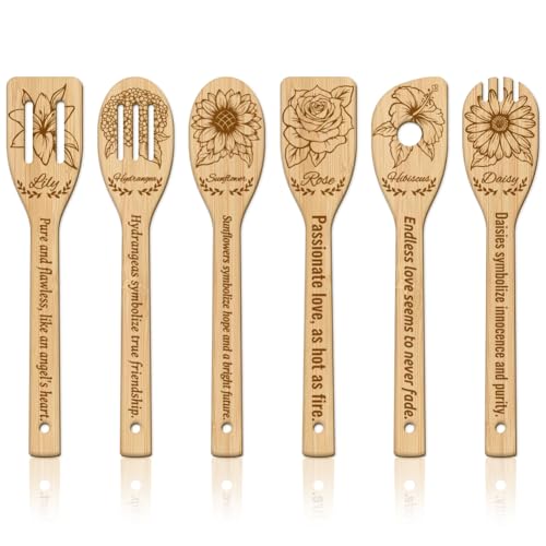 GLOBLELAND 6 Stück Blumen Rosen Lilien Bambus Kochutensilien Sonnenblumen Holzgravur Kochlöffel Set Gravur Schnitzerei Küche Bambus Spatel Set Für Küche Housewarming Geschenk Mutter Freundin Frauen von GLOBLELAND