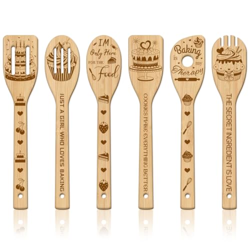 GLOBLELAND 6 Stück Geburtstag Kuchen Bambus Kochutensilien Erdbeere Kirsche Holzgravur Kochlöffel Set Gravur Schnitzerei Küche Bambus Spatel Set Für Küche Housewarming Geschenk Mutter Freundin Frauen von GLOBLELAND