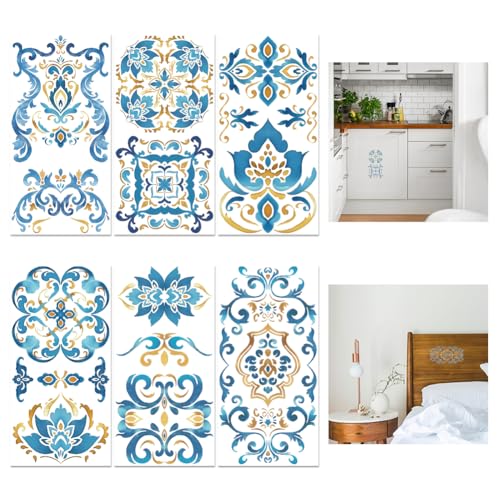 GLOBLELAND 6 Stück Mandala Muster Transfer 6x12 Zoll Blaue Spitzenbordüre Zum Aufreiben Transfer Clipart Selbstklebende Wandkunst Aufkleber Für Schlafzimmer Schreibtisch Tischdekoration von GLOBLELAND