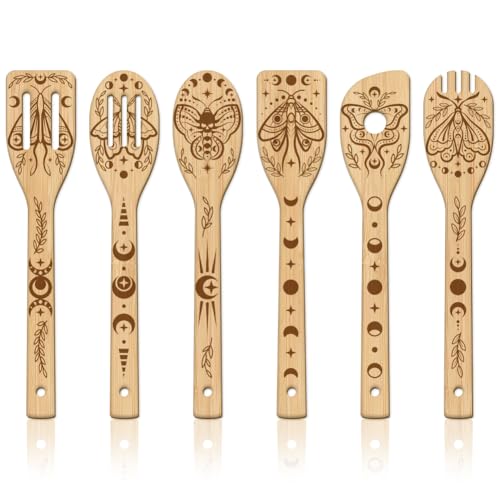 GLOBLELAND 6 Stück Magischer Mond Motte Bambus Kochutensilien Halloween Mondphasen Kochlöffel Set Gravur Schnitzerei Küche Bambus Spatel Set Für Küche Housewarming Geschenk Mutter Freundin Frauen von GLOBLELAND