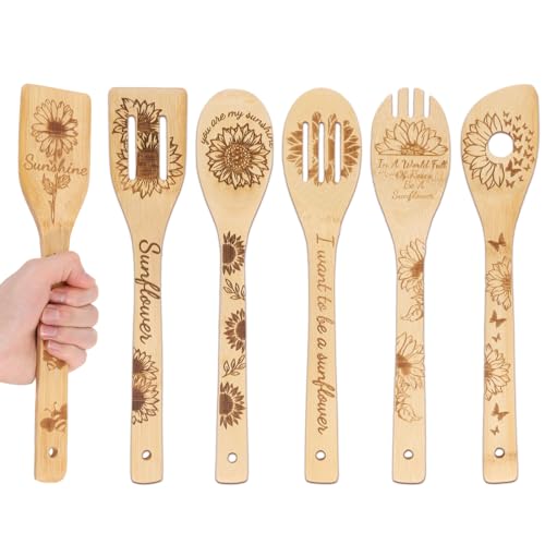 GLOBLELAND 6 Stück Sonnenblumen-Bambus-Kochutensilien Aus Holz Mit Gravur Kochlöffel-Set Schnitzküche Bambus-Spatel-Set Holz-Kochlöffel Für Die Küche Lustiges Einweihungsgeschenk von GLOBLELAND