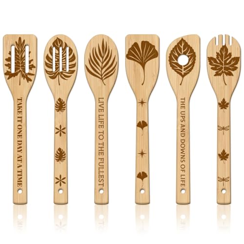 GLOBLELAND 6 Stück Verschiedene Blätter Bambus Kochutensilien Ahornblätter Holzgravur Kochlöffel Set Gravur Schnitzerei Küche Bambus Spatel Set Für Küche Housewarming Geschenk Mutter Freundin Frauen von GLOBLELAND