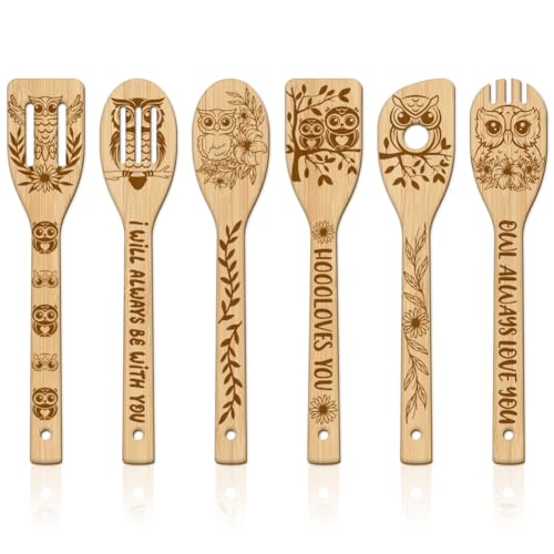 GLOBLELAND Bambus-Kochutensilien-Set mit Eulen-Motiv, graviert, Schnitzerei, Küche, Bambusspachtel, Holz-Kochlöffel für Küche, Spaß, Hauseinweihung, Geschenk, 6 Stück von GLOBLELAND