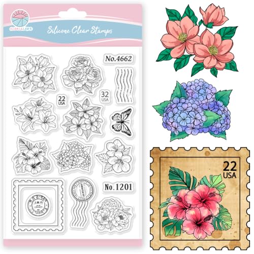 GLOBLELAND Blumen Briefmarken Transparente Stempel Zur Kartengestaltung Frühlingsblumen Magnolien Poststempel Klare Stamps Schmetterling Silikonstempel Siegel für Scrapbooking Prägung von GLOBLELAND