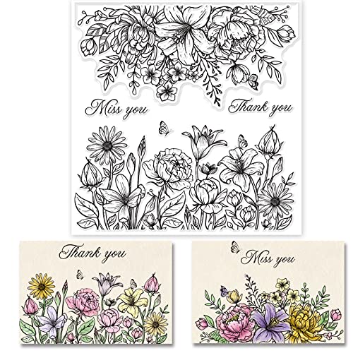 GLOBLELAND Blumenhintergrund Klare Stempel für DIY Scrapbooking Dekor Text Schmetterlinge Gänseblümchen Sonnenblumen Transparente Silikonstempel zum Erstellen von Karten Fotoalbum 15x15cmx.23cm von GLOBLELAND
