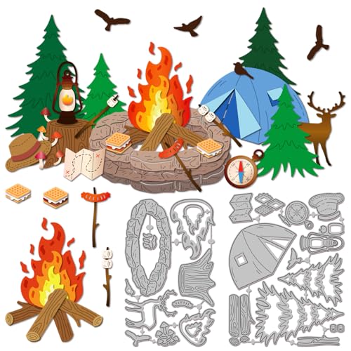 GLOBLELAND Camping Lagerfeuer Grill Stanzformen Für DIY Scrapbooking Metall Baum Vogel Hirsch Stanzformen Lampe Stanzungen Für Kartenherstellung Prägung Fotoalbum Basteldekor von GLOBLELAND