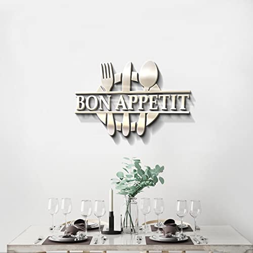 GLOBLELAND Esszimmer Wandaufkleber Bon Appetit 3D Spiegeleffekt Wand Aufkleber Wandtattoo Wandsticker Gabel und Löffelmuster Spiegel Aufkleber Wandaufkleber Wanddeko für Küche Restaurant Kühlschrank von GLOBLELAND