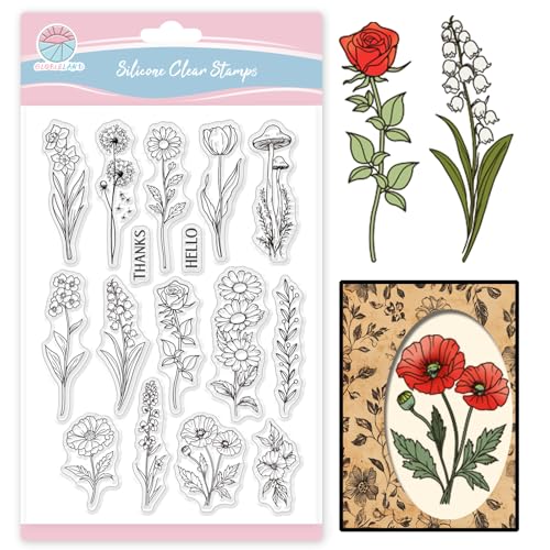 GLOBLELAND Einzelne Blumen Stempel für Kartenherstellung Löwenzahn Einzelne Blumen Silikonstempel mit den Worten „Hallo Danke“ Transparentes Stempelsiegel für DIY Scrapbooking Embossing Fotoalbum von GLOBLELAND