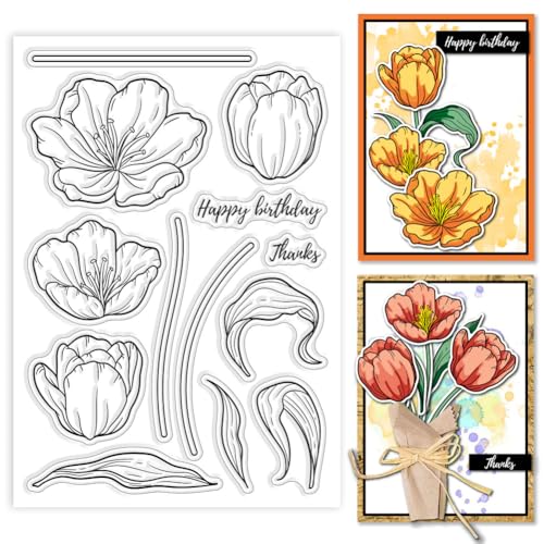 GLOBLELAND Frühling Klare Stempel Mit Tulpenmotiv Blumen Segen Silikonstempel Pflanzen Und Blätter Transparente Stempel Für Selbstgemachtes Scrapbooking Und Kartenmachen Fotoalbum Tagebuch 6.3x4.33 in von GLOBLELAND