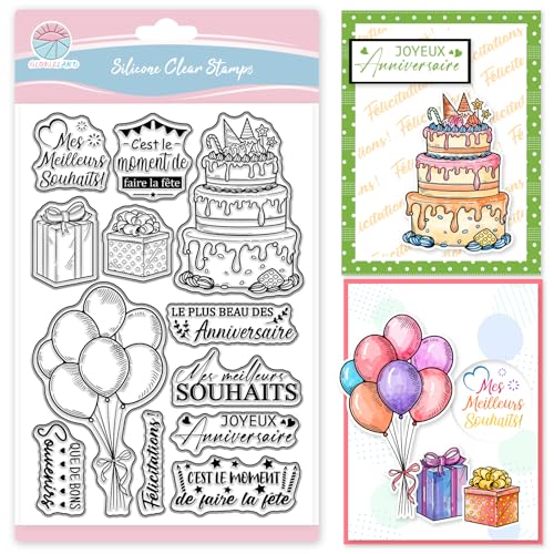 GLOBLELAND Geburtstagstorte Französische Transparente Stempel Happy Birthday Silikon Klare Stempelsiegel Ballon Geburtstagsgeschenkbox Transparente Stempel Für DIY Scrapbooking Karten Erstellen von GLOBLELAND