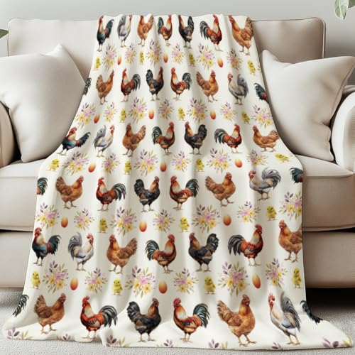GLOBLELAND Hahn Überwurf 59x51Zoll Henne Küken Eier Weiche Gemütliche Flanelldecke Mit Blumen Waschbar Flauschige Überwurfdecke Für Zuhause Büro Zimmer Bett Sofa Stuhl Geschenk von GLOBLELAND