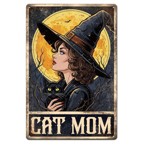 GLOBLELAND Halloween Hexen Und Katzen Retro Blechschild „Cat Mom“ Lustige Schilder Vintage Metallschild Für Wohnzimmer Halloween Kamin Katzenzimmer Büro Schreibtisch Schlafzimmer Kaffee von GLOBLELAND