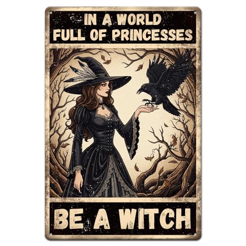 GLOBLELAND Halloween Hexenkrähe Retro Blechschild „Be A Witch“ Lustige Schilder Vintage Metallschild Für Wohnzimmer Halloween Kamin Büro Schreibtisch Schlafzimmer Couchtisch Party von GLOBLELAND