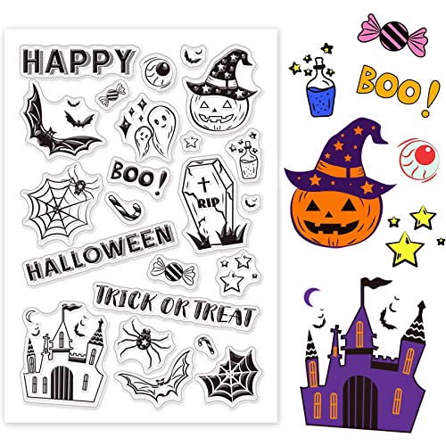 GLOBLELAND Halloween klare Briefmarken, Kürbisschloss, Fledermaus, Geist, Spinne, Transparenter Silikonstempel für Kartenherstellung und DIY Scrapbooking, Dekoration, transparente Gummistempel von GLOBLELAND