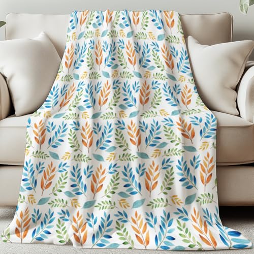 GLOBLELAND Herbstblättern Kuscheldecke 150x130CM Orange Blau Grüne Pflanzen Sanft Flanell Weiche Wohndecke Decke Für Zuhause Büro Zimmer Bett Sofa Stuhl Geschenk von GLOBLELAND