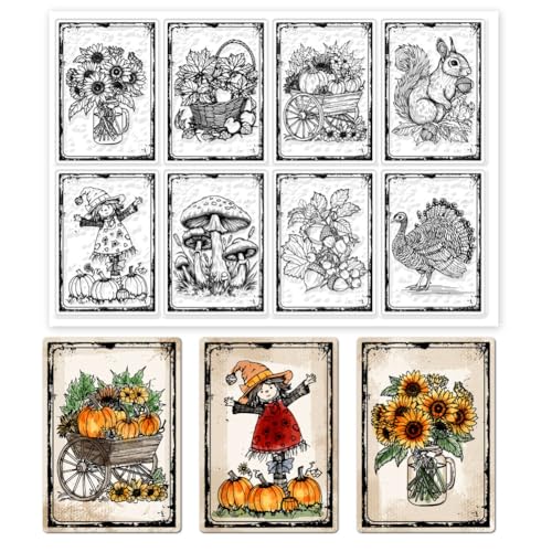 GLOBLELAND Herbstkarten Clear Stempels 8.3x5.8 Zoll Kürbisse Sonnenblumen Pilze Silikon Clear Stempel Siegel Ahornblätter Eichhörnchen Vogelscheuche Transparente Stempel Für DIY Kartenherstellung von GLOBLELAND