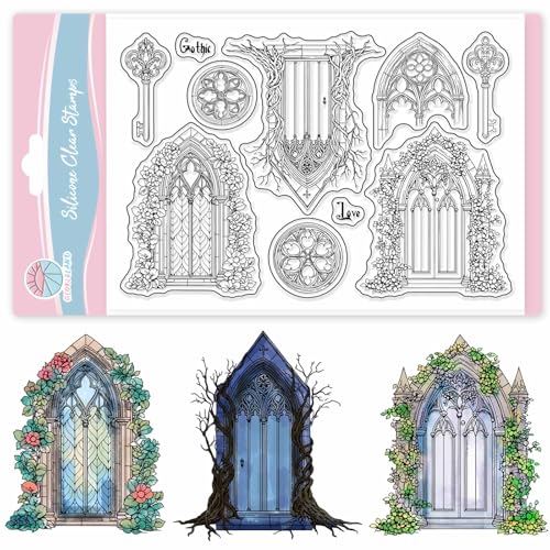 GLOBLELAND Gotischer Architektur Silikonstempel Vintage Stil Transparente Stempel Blumen Türschlüssel Klare Stamps Für Karten Herstellung DIY Scrapbooking Basteln von GLOBLELAND