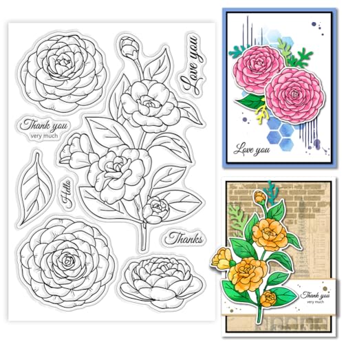 GLOBLELAND 6.3x4.33 Zoll Kamelie Transparente Silikonstempel Blätter Blumen Klare Stamps Pflanzen Silikonstempel Für Kartengestaltung DIY Prägung Journaling von GLOBLELAND