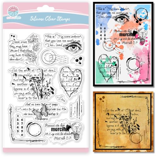 GLOBLELAND Klare Stempel Mit Vintage Texthintergrund Für Scrapbooking Wildblumen Schmetterlinge Silikonflecken Transparenter Stempel Für Die Kartengestaltung DIY Prägung Journaling von GLOBLELAND