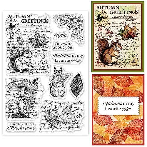 GLOBLELAND Klarer Stempel Mit Eichhörnchen-Tier Pilz-Hintergrund Ahornblatt Silikon Klare Stempel Herbstsiegel Für DIY Scrapbooking Tagebücher Dekorative Karten Herstellung von Fotoalben Dekorativ von GLOBLELAND