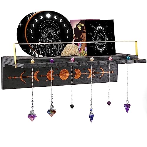 GLOBLELAND Luna Phase Holzkristall-Pendel-Wandregal, Hexe, Hängender Kristall-Organizer, Halter, Kristallregal, Display Für Wand, Pendelständer Für Stein-Wahrsagerei, Tarot-Orakelkarte von GLOBLELAND