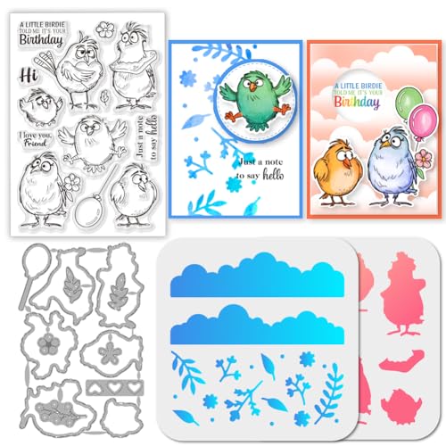 GLOBLELAND Lustiger Vogel Stempel and Cutting Dies Set for Card Making Cartoon Vogel Stamps and Stencils Geburtstags Tiere Embossing Stencil for DIY Scrapbooking Crafts Album Accessories von GLOBLELAND