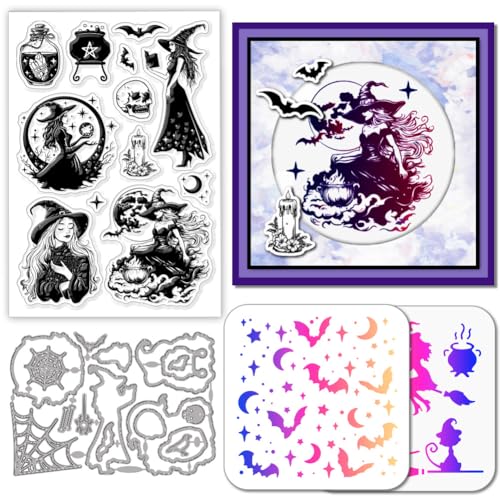 GLOBLELAND Magische Hexe Stamps Stanzschablone für die Kartenherstellung Totenkopf Kerzen Silikonstempel Stanzschablone Mond Kristall PET Malschablonen Für DIY Halloween Hexenfest von GLOBLELAND