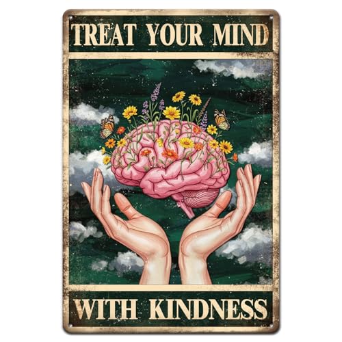 GLOBLELAND Metall Blechschild Mit Brain Flower 8x12Zoll „Treat Your Mind With Kindness“ Vintage Malerei Blechschilder Wandplakat Plakette Für Gartenzimmer Hinterhof Terrasse Außenbereich Heimwerker von GLOBLELAND