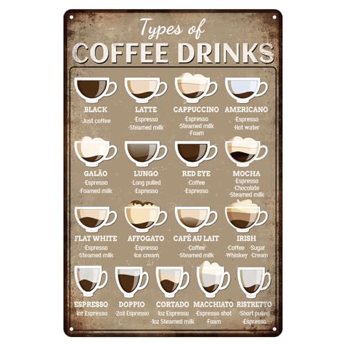 GLOBLELAND Metall-Blechschild "Types of Coffee Drinks", Vintage-Malerei, Blechschild, Wandposter, Plakette für Café, Küche, Geschäft, Station, Lounge, Espressobar, 20,3 x 30,5 cm GLOBLELAND Metall-Blechschild "Types of Coffee Drinks", Vintage-Malerei, Blechschild, Wandposter, Plakette für Café, Küche, Geschäft, Station, Lounge, Espressobar, 20,3 x 30,5 cm von GLOBLELAND
