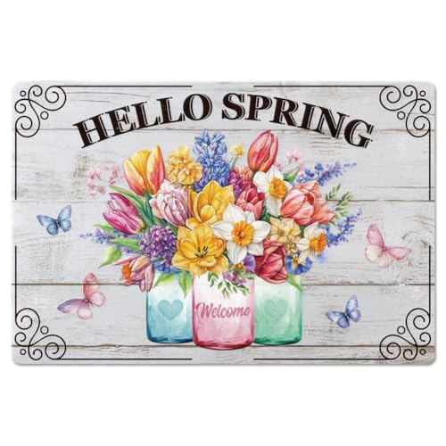 GLOBLELAND Metallblechschild „HALLO FRÜHLING“ 8x12 Zoll Vintage Einmachglas Blechmalerei Blechschilder Blumen Und Schmetterlings Wandplakat Plakette Für Zuhause Garten Frühlingsveranstaltungen von GLOBLELAND