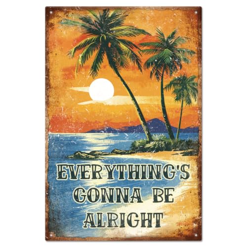 GLOBLELAND Sommer Strand Palme Retro Blechschild Positive Quotes 12×8 Zoll Lustige Schilder "Everything'S Gonna Be Alright" Vintage Metallschild Für Strand Küste Pool Reisen Badezimmer Surfen von GLOBLELAND