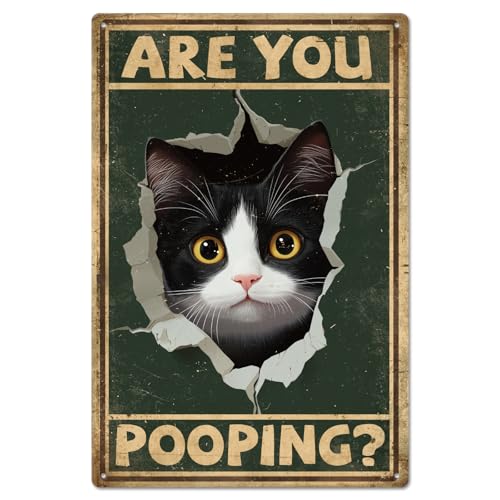 GLOBLELAND Metallblechschild Mit Loch Katze 8x12 Zoll Vintage Stil „Are You Pooping“ Malerei Blechschilder Wandplakat Plakette Für Badezimmer Katzenliebhaberzimmer Wohnzimmer Büro von GLOBLELAND
