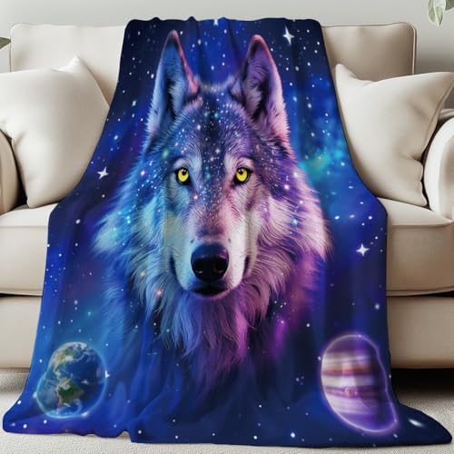 GLOBLELAND Milchstraßen Kuscheldecke 150x130CM Wolfskopf Decke Sanft Flanell Weiche Wohndecke Geschenke für Mama Zuhause Büro Zimmer Bett Sofa Stuhl von GLOBLELAND