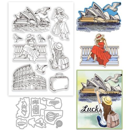 GLOBLELAND Frauen im Urlaub Silikonstempel Metall Stanzformen Malschablonen Für Die Kartenherstellung "Lady Travel" Stempel Stanzformen Sydney Kolosseum Schablonen Set Für Scrapbooking Kunsthandwerk von GLOBLELAND