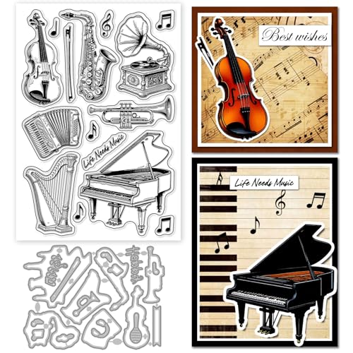 GLOBLELAND Musial Instrument Clear Stamp and Cutting Dies Set for Card Making Music Notes Silicone Transparent Stamps Violin Saxophone Carbon Steel Metal Die Cuts for DIY Scrapbooking Photo Album von GLOBLELAND