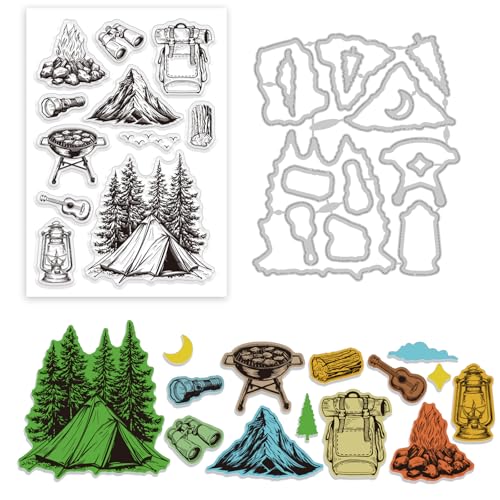 GLOBLELAND Outdoor Camping Silikonstempel Metall Stanzformen Malschablonen Für Die Kartenherstellung Camping Lagerfeuer Zelt Stempel Stanzformen Schablonen Set Für DIY Scrapbooking Kunsthandwerk von GLOBLELAND