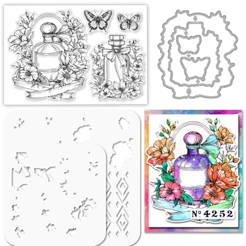 GLOBLELAND Parfümvasel Stempel and Cutting Dies Set for Card Making Blumen Stamps and Stencils Schmetterling Embossing Stencil for DIY Scrapbooking Crafts Album Accessories von GLOBLELAND