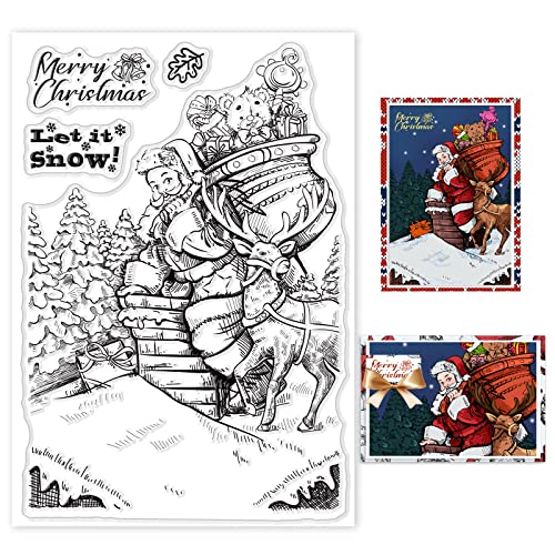 GLOBLELAND Santa Christmas Clear Stamps for Diy Scrapbooking Decor Greetings Chimney Snow Pine Tree Elk Gift Transparente Silikonstempel für die Herstellung von Karten Fotoalbum Dekoration von GLOBLELAND