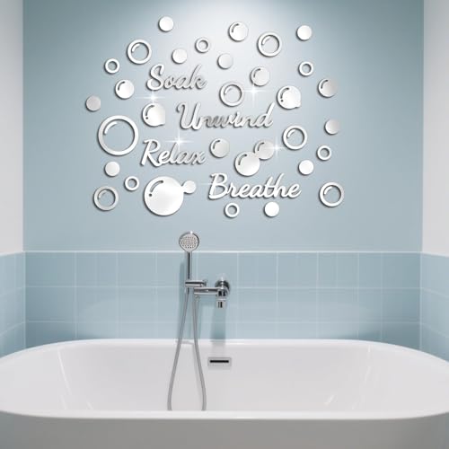 GLOBLELAND Silber Bubbles 3D Acryl Spiegel Wandaufkleber Für Badezimmer 11.81x7.87 Zoll „Soak Unwind Relax Breathe“ Selbstklebende Flexibler Spiegel Wandaufkleber Wandbilder Für Schlafzimmer von GLOBLELAND