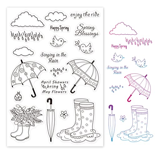 GLOBLELAND Silikonstempel Regenschirm Klare Stempel Regenstiefel, Wolken, Regentropfen und Vogel Transparentes Stempel Siegel Clear Stamps für Kartenherstellung und DIY Scrapbooking Dekor von GLOBLELAND