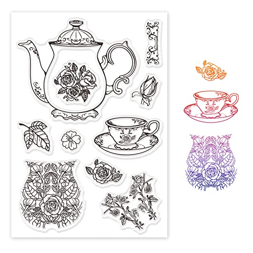 GLOBLELAND Silikonstempel Teekanne Klare Stempel Teekanne, Tasse und Rosen Transparentes Stempel Siegel Clear Stamps für Kartenherstellung und DIY Scrapbooking Dekor von GLOBLELAND