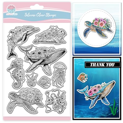 GLOBLELAND Sommer Meerestiere Blumen Klare Stempel für Scrapbooking Schildkröten Seepferdchen Silikonstempel Wale Delfine Transparenter Stempel für Die Kartengestaltung DIY Prägung Journaling von GLOBLELAND