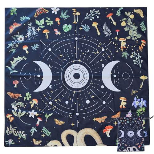 GLOBLELAND Tarottuch Und Tasche Mit Schlangen Und Pilzmotiv 30Zoll Mond Und Stern Dicker Samtstoff Tischdecke Tarotkartentasche Mit Motte Und Schmetterling Für Wahrsagerei Tarotkarte Wicca Zimmer Bar von GLOBLELAND